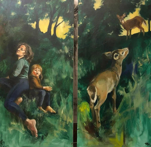 Doe, Olga Brindar, 2022, acrylic on canvas, 50 x 24 in. / 127 x 60.96 cm.  (diptych)