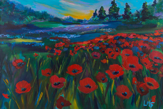 Field of Poppies, Leah Marie Goddard, 2023, acrylic, 24 x 36 in. / 60.96 x 91.44 cm.