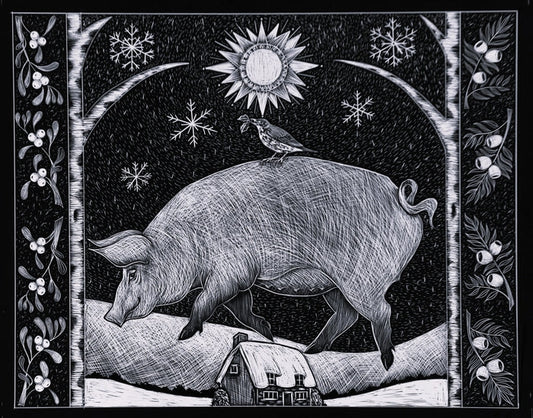 A Four-Footed Pig, Karen Gaudette, 2022, scratchboard, 10 x 12.5 in. / 25.4 x 31.75 cm.