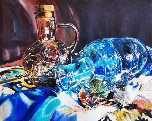 Glass Bottle on Scarf, Lan Fang, 2023, watercolor on paper, 21.6 x 17.7 in. / 55 x 45 cm.