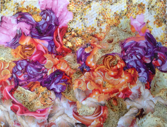 Honey Bees in the Garden, Cathy Wilkin, 2020, mixed media, 32 x 44 in. / 81.28 x 111.76 cm.