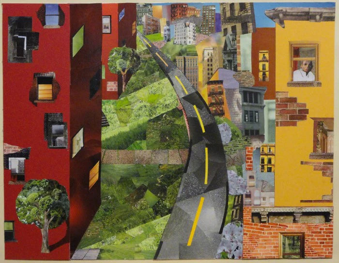 Neighborhood in Sun, Tony Wells, 2010, collage, 20 x 27 in. / 50.8 x 68.58 cm.