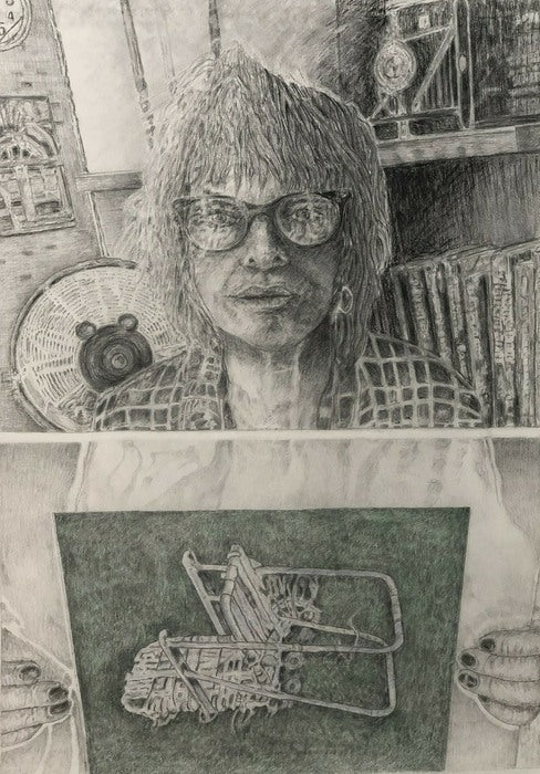 Self Portrait in Studio, Carmen Schaefer, 2023, mixed media, 32 x 24 in. / 81.28 x 60.96 cm.