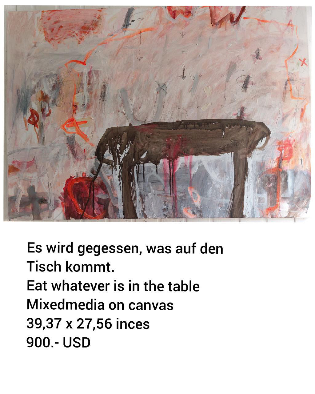 Es wird gegessen, was auf den Tisch kommt, 2023, mixed media on canvas, 39.37 x 27.56 in. / 99.9998 x 70.0024 cm.