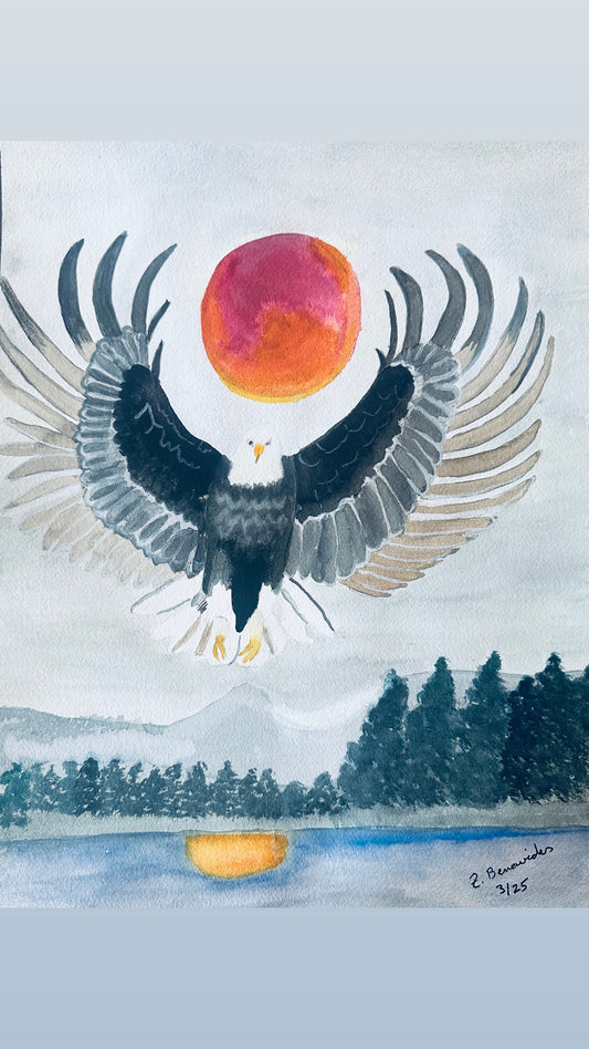 Eclipse in Big Bear CA, 2024, watercolor, 16 x 12 in. / 40.64 x 30.48 cm.
