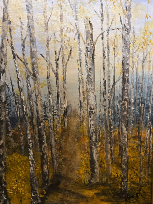 Birch Turns from Summer, 2024, acrylics, 14 x 18 in. / 35.56 x 45.72 cm.
