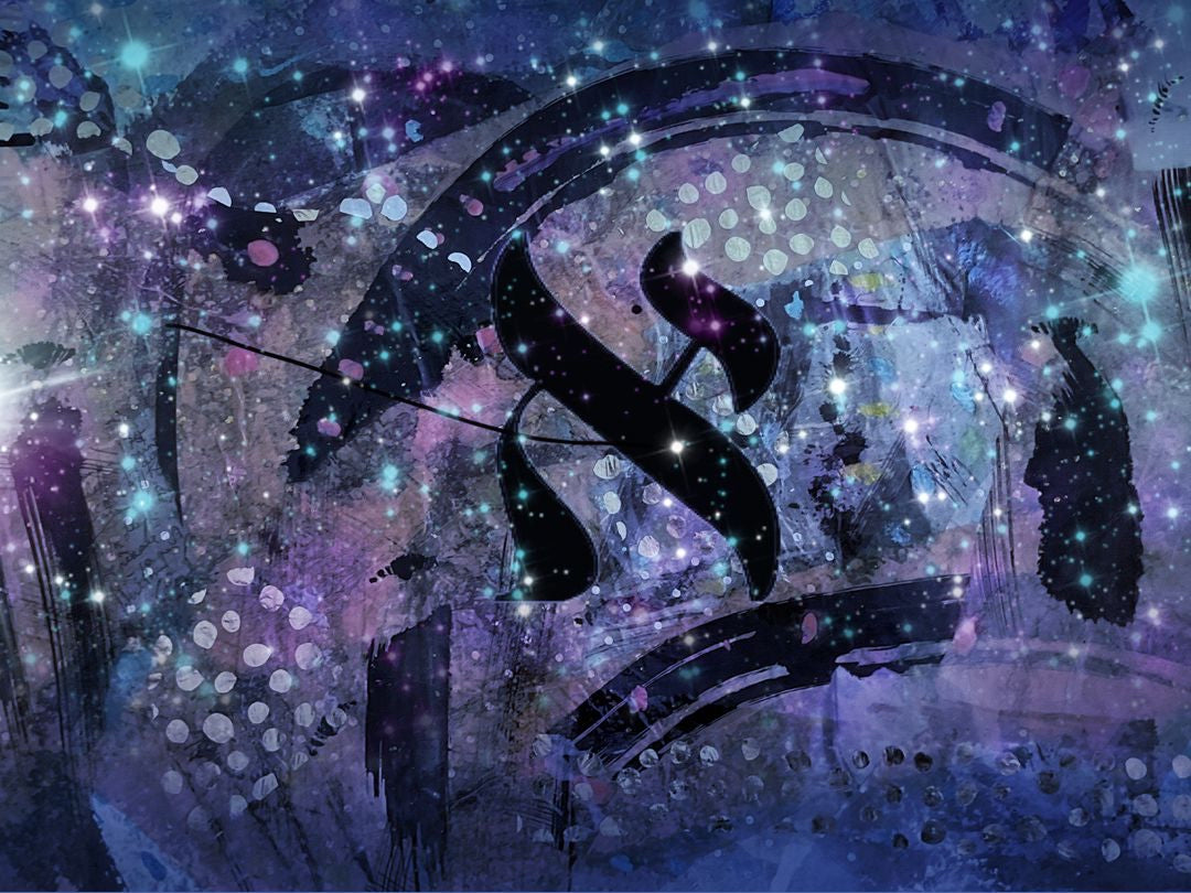 Starlit Chagall: Cosmic Aleph, 2025, mixed media, 20 x 20 in. / 50.8 x 50.8 cm.