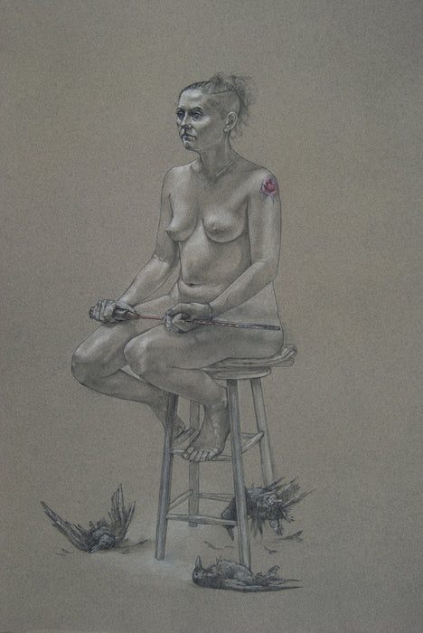 Maggie with Birdies, 2023, prisma pencil, 14 x 19 in. / 35.56 x 48.26 cm.