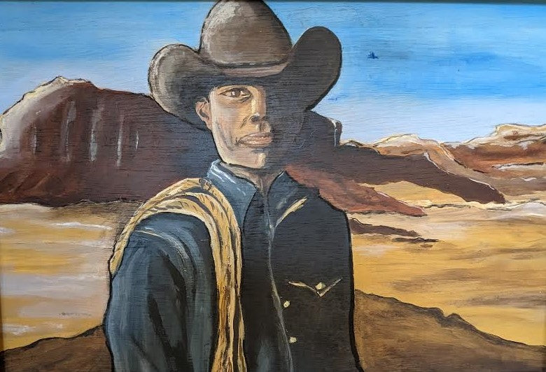 Eddie in the Canyon, 2023, mixed media, 32 x 24 in. / 81.28 x 60.96 cm.