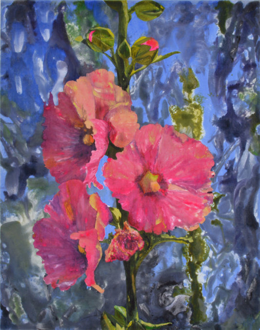 Hollyhocks, 2018, watercolor monotype, 33 x 27 in. / 83.82 x 68.58 cm.