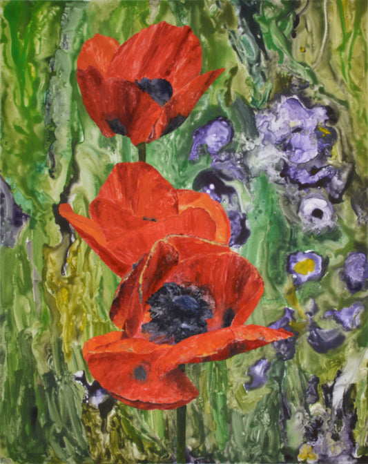 Poppies, 2018, watercolor monotype, 33 x 27 in. / 83.82 x 68.58 cm.