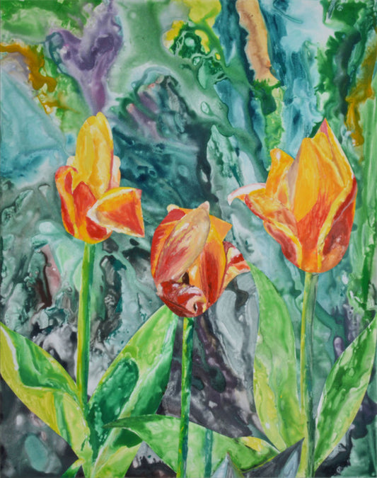 Tulips, 2018, watercolor monotype, 33 x 27 in. / 83.82 x 68.58 cm.