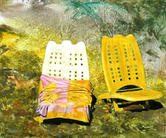 Plastic Beach Chairs, 2008, mixed media on canvas, 43 x 47 in. / 109.22 x 119.38 cm.
