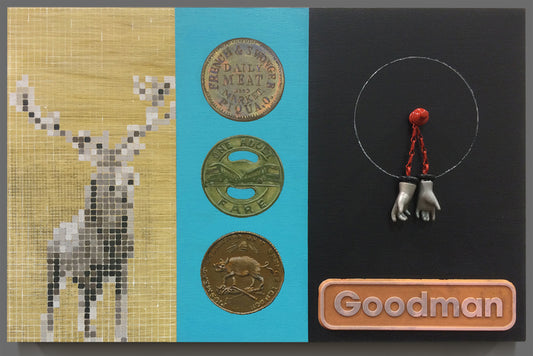 The Miller's Daughter, 2019, acrylic and found objects on board, 14 x 22 in. / 35.56 x 55.88 cm.