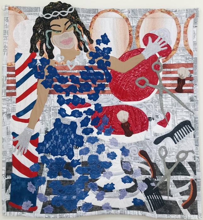An Empty Barber Chair in Monroe, Louisiana, 2021, stitched fabric, 53 x 50 in. / 134.62 x 127 cm.