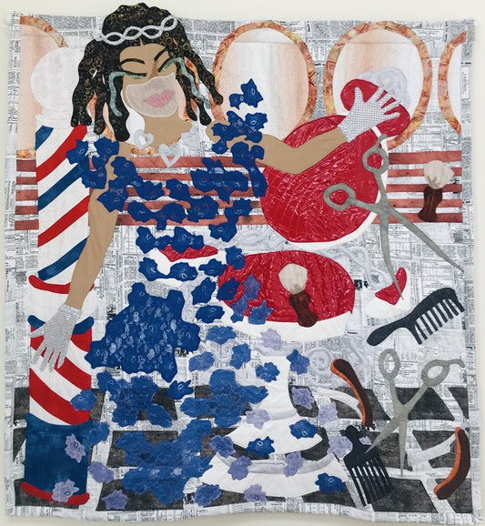 An Empty Barber Chair in Monroe, Louisiana, 2021, stitched fabric, 53 x 50 in. / 134.62 x 127 cm.