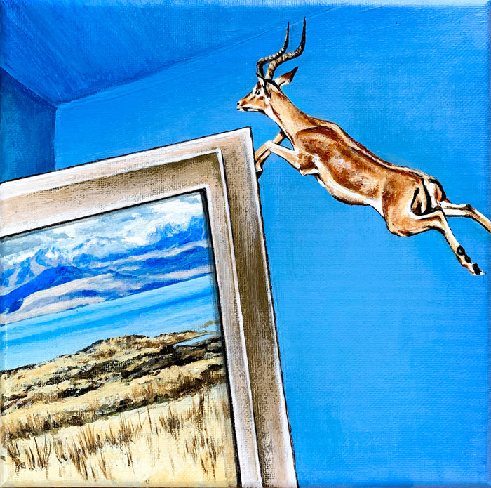 Impala & Art, 2022, acrylic on canvas, 8 x 8 in. / 20.32 x 20.32 cm.