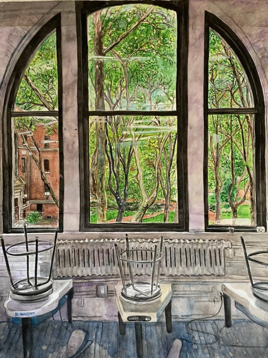 Inside Outside Recovery, Ceramics Studio (Clinton Hill Bklyn), 2022. watercolor on paper, 91 x 70 in. / 231.14 x 177.8 cm.