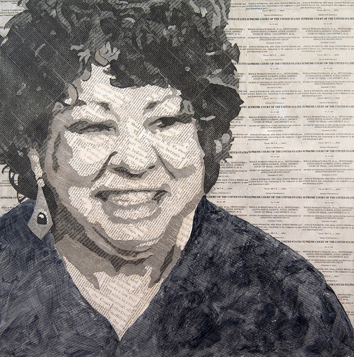 Justice Sotomayor, 2022, collage, acrylic and pencil on canvas, 30 x 30 in. / 76.2 x 76.2 cm.