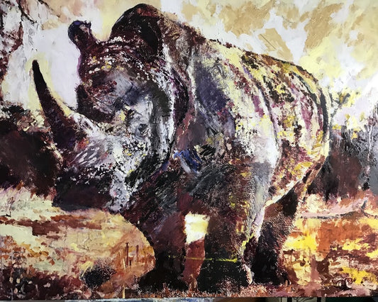 African Rhino in Jungle Sunlight, 2021, oil with graphite on canvas, 50 x 40 in. / 127 x 101.6 cm.