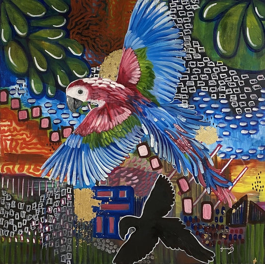 Guacamaya, 2021, mixed media, 36 x 36 in. / 91.44 x 91.44 cm.
