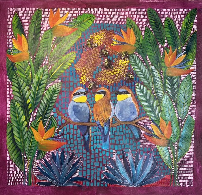 Bee Eater Conversations, 2021, mixed media, 27 x 26 in. / 68.58 x 66.04 cm.