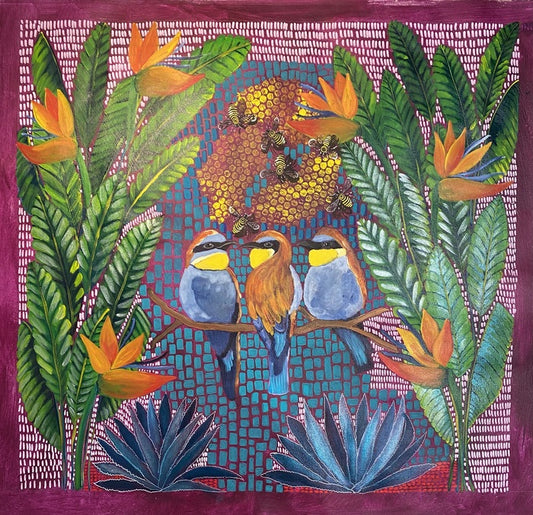 Bee Eater Conversations, 2021, mixed media, 27 x 26 in. / 68.58 x 66.04 cm.