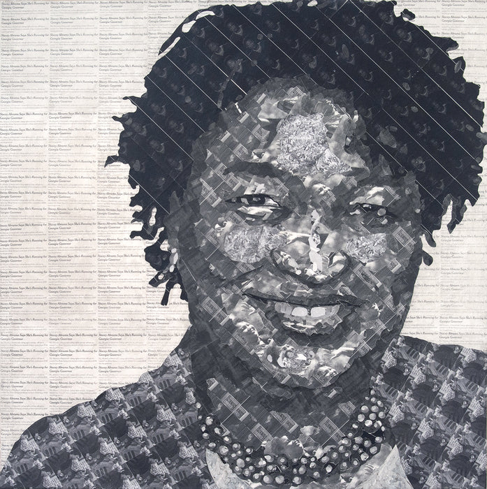Stacey Abrams, 2022, collage material and acrylic on canvas, 30 x 30 in. / 76.2 x 76.2 cm.