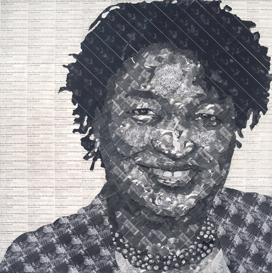 Stacey Abrams, 2022, collage material and acrylic on canvas, 30 x 30 in. / 76.2 x 76.2 cm.