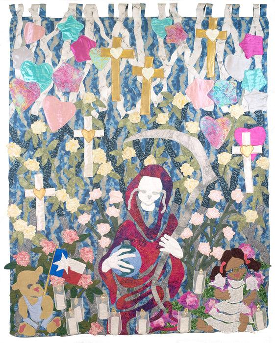 Thoughts and Prayers, 2022, stitched fabric, 65 x 51 in. / 165.1 x 129.54 cm.