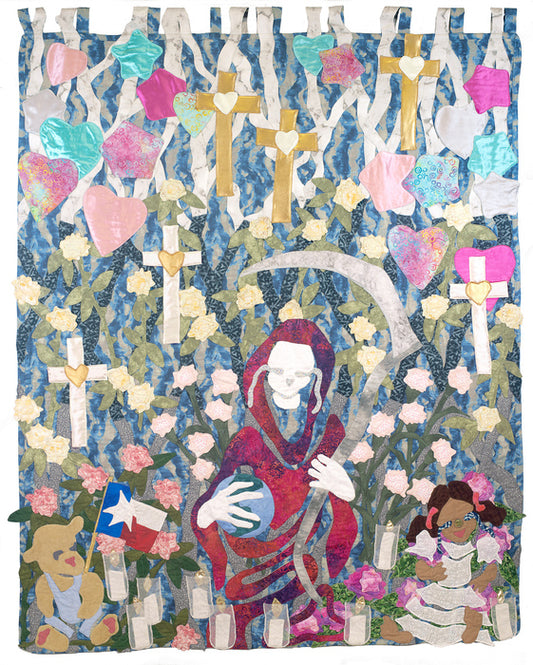 Thoughts and Prayers, 2022, stitched fabric, 65 x 51 in. / 165.1 x 129.54 cm.
