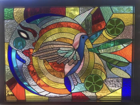 Colibri, 2020, stained glass, 18 x 30 in. / 45.72 x 76.2 cm.