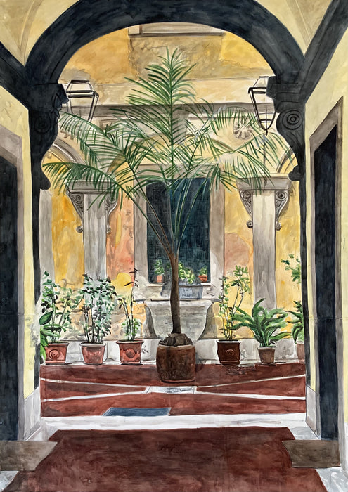 Roman Courtyard (Via Garibaldi, Rome), 2023, watercolor on paper, 85 x 61 in. / 215.9 x 154.94 cm.