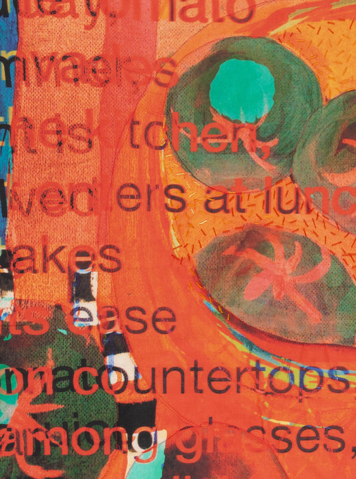 Eating Tomatoes with Neruda, 2022, textile collage, 35 x 40 in. / 88.9 x 101.6 cm.