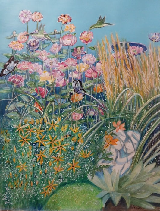 Summer Garden, 2022, watermedia, 28 x 32 in. / 71.12 x 81.28 cm.