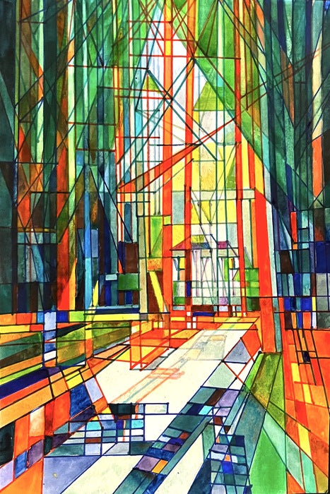 CHAPEL IN THE WOODS, 2023, watercolor, 18 x 12 in. / 45.72 x 30.48 cm.