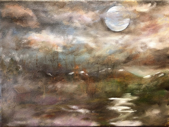 Moon Landing at Berkeley Hollow, 2019, oil on canvas, 16 x 12 in. / 40.64 x 30.48 cm.