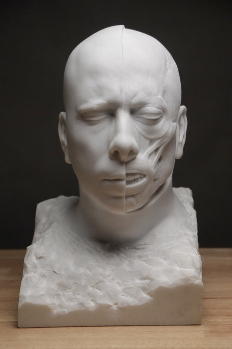 Self Portrait (Écorché), 2023, marble, 15 x 10 x 12 in. / 38.1 x 25.4 x 30.48 cm.