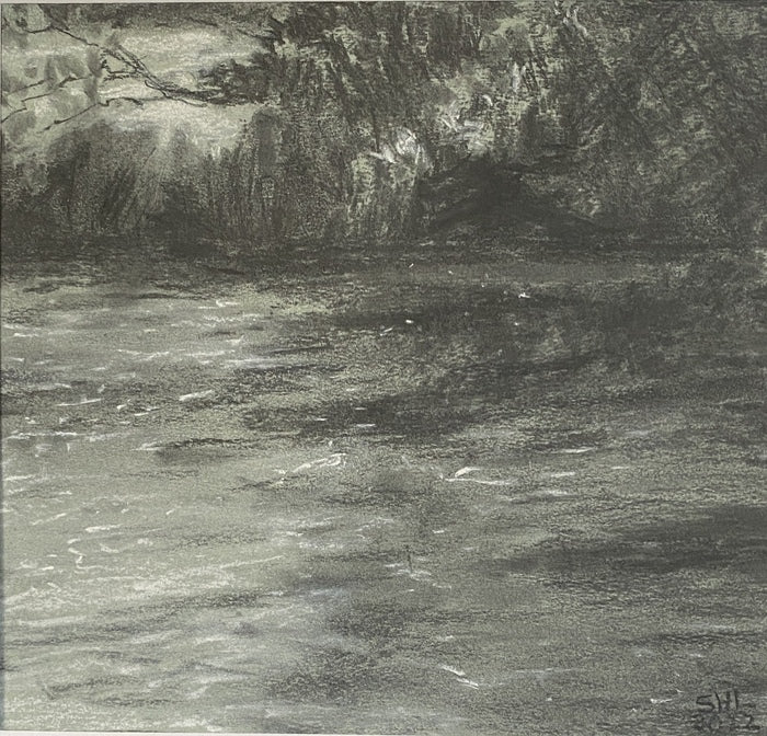 River, 2022, charcoal, 10 x 10 in. / 25.4 x 25.4 cm.