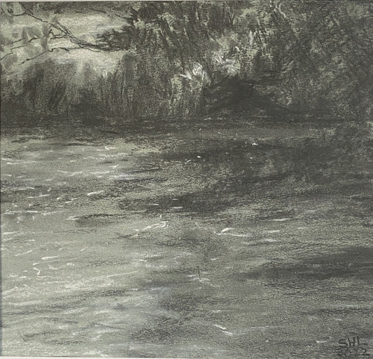River, 2022, charcoal, 10 x 10 in. / 25.4 x 25.4 cm.