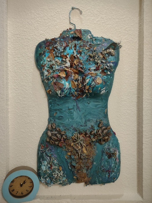 Michelle, 2023, acrylic on plastic manikin with dried flowers and cicada, 36 x 18 in. / 91.44 x 45.72 cm.