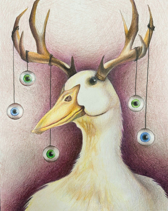 My Pet Duck, 2024, colored pencil on paper, 12 x 9 in. / 30.48 x 22.86 cm.