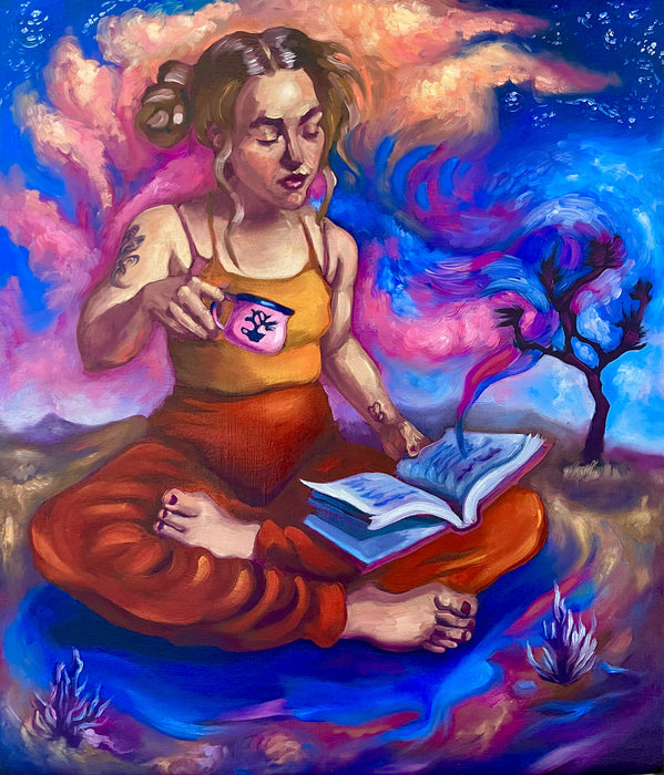 Coffee and a Good Book: Radiance in Joshua Tree, 2022, oil on canvas, 24 x 18 in. / 60.96 x 45.72 cm.
