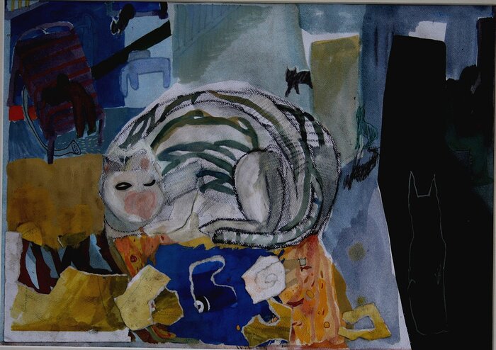Cleaning the Cat Shit, 2015, gauche and watercolor on paper, 17 x 22 in. / 43.18 x 55.88 cm.