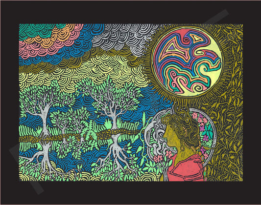 Reflection, 2024, pen and ink drawing on black paper, 5.5 x 8.5 in. / 13.97 x 21.59 cm.