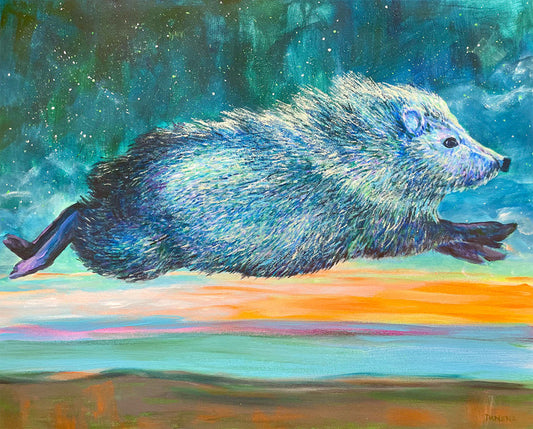 Leaping Javelina, 2024, acrylic, 16 x 20 in. / 40.64 x 50.8 cm.