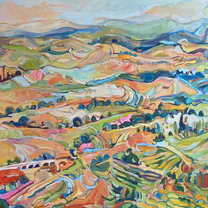 Hillside near Lindos; Rhodes, 2024, acrylic on canvas, 36 x 36 in. / 91.44 x 91.44 cm.