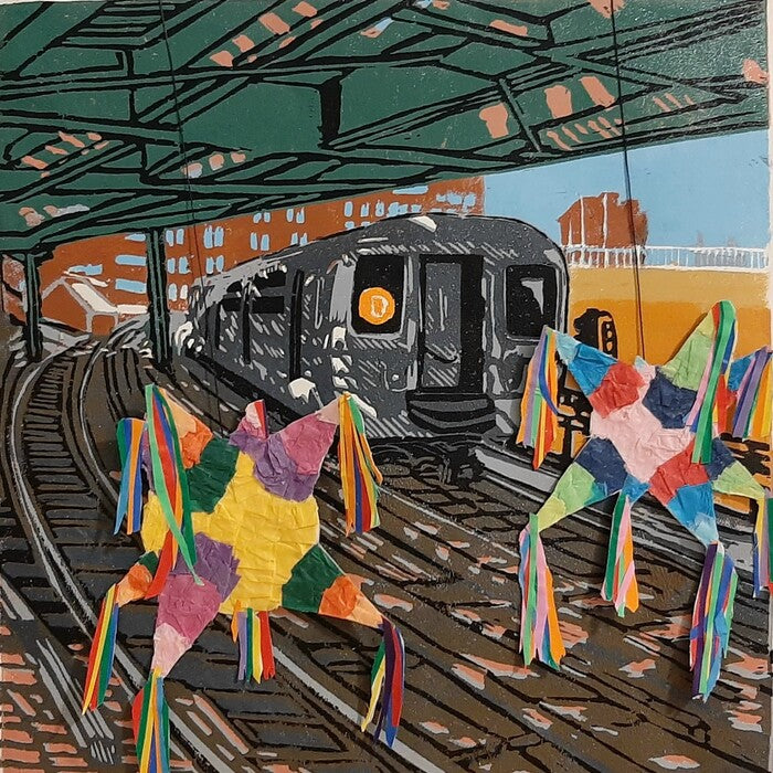 A Party When the Train Comes-3, 2024, reduction linoprint and collage, 12 x 12 in. / 30.48 x 30.48 cm.