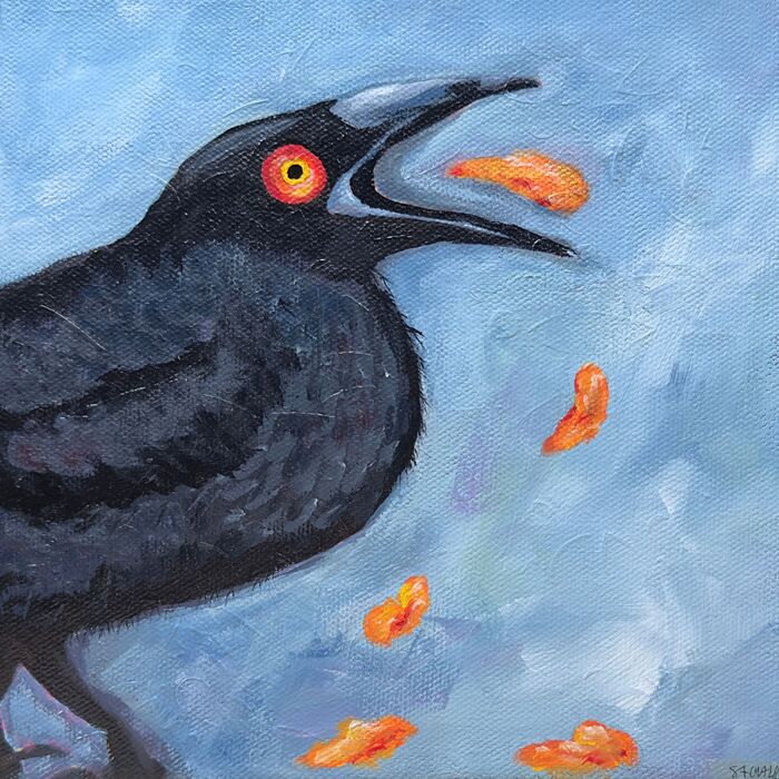 Crow's Crunchy Catch, 2024, acrylic on canvas, 8 x 8 in. / 20.32 x 20.32 cm.