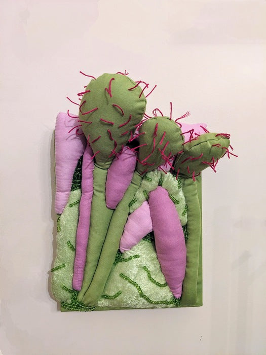 Sundew, 2024, textiles with beads wrapped on frame, 13 x 9 x 3 in. / 33.02 x 22.86 x 7.62 cm.